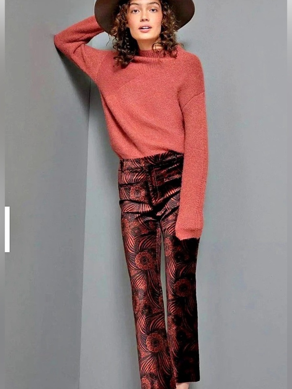 Anthropologie Essential Velvet Kick Flare Pants Rust Floral Sz 2
